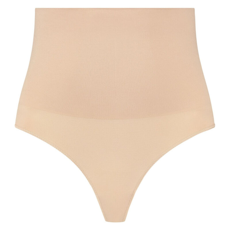Tanga moldeadora de cintura alta BYE BRA en beige, vista frontal.