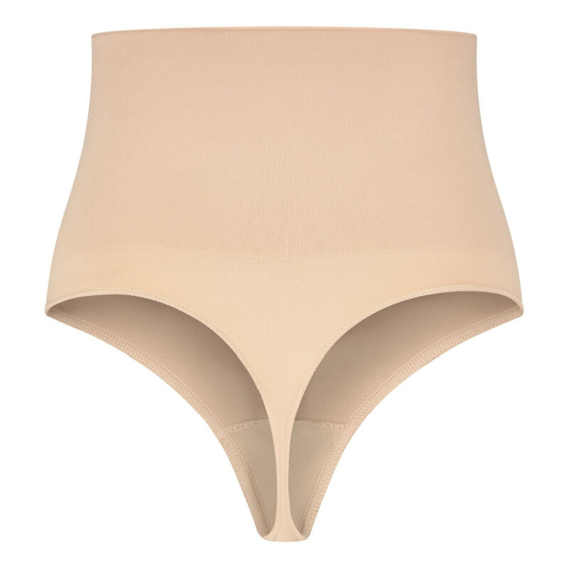 Tanga moldeadora de cintura alta BYE BRA en beige, vista frontal.