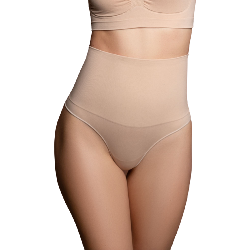 Tanga moldeadora de cintura alta BYE BRA en beige, vista frontal sobre modelo.