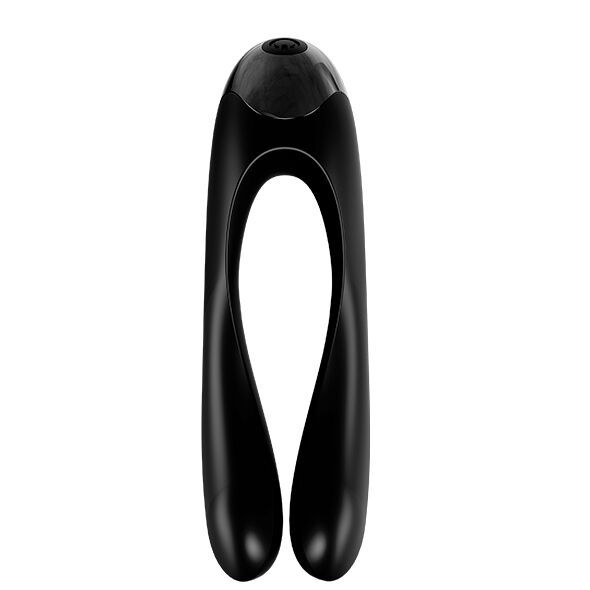 Vibrador de dedo Satisfyer Candy Cane negro, vista frontal con diseño abierto.