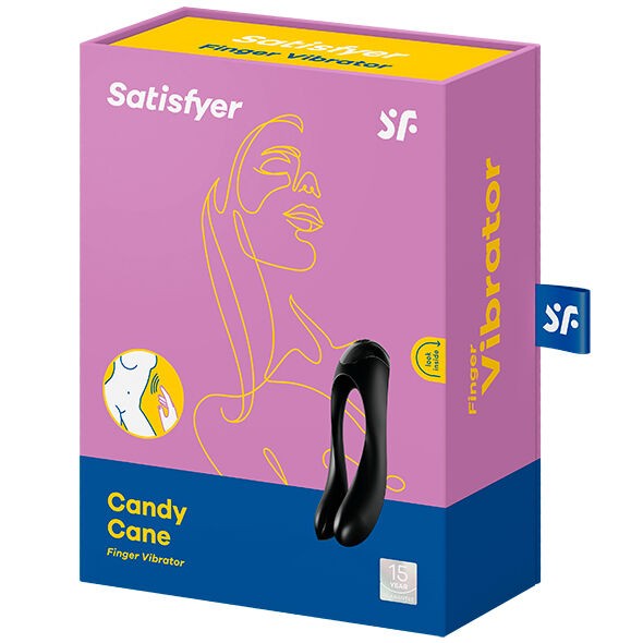 Caja del Satisfyer Candy Cane Finger Vibrator en rosa y azul, con el vibrador negro ilustrado delante.