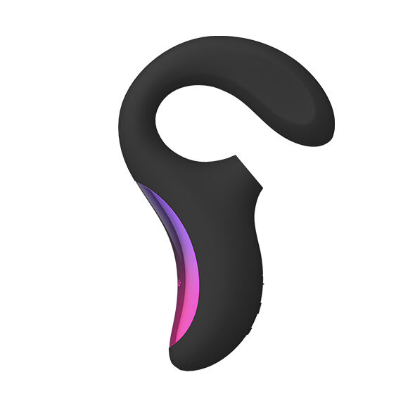 LELO Enigma en vista lateral, con acabado negro y detalle morado.