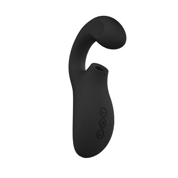 LELO Enigma negro, vista frontal del masajeador con forma curvada.