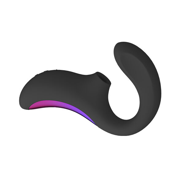 LELO Enigma negro en vista lateral, con detalle morado en la base.