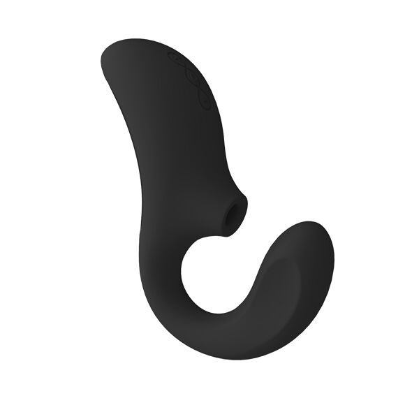 LELO Enigma negro en vista frontal, con forma curva y botones visibles.