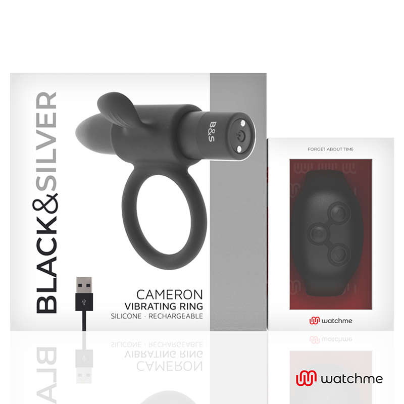 Caja del BLACK&SILVER Cameron con el anillo vibrador y la caja del mando Watchme.
