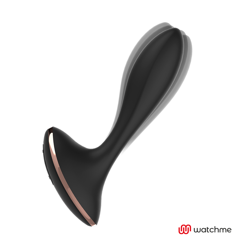 Vibrador anal negro Anbiguo WatchMe en vista lateral, con detalle en rosa dorado.