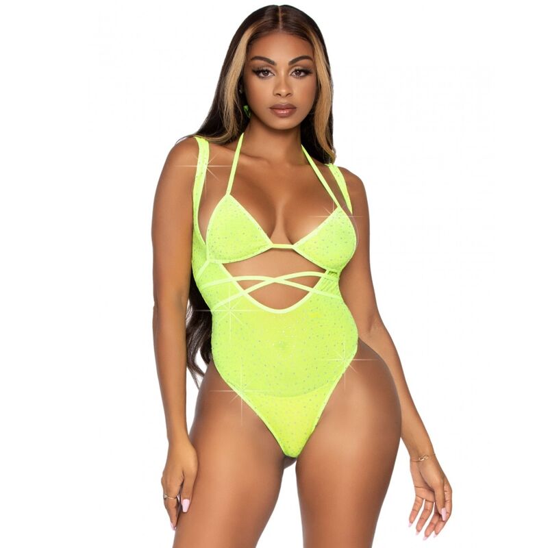 Leg Avenue conjunto de top bikini y body con tiras en verde neón, visto de frente.
