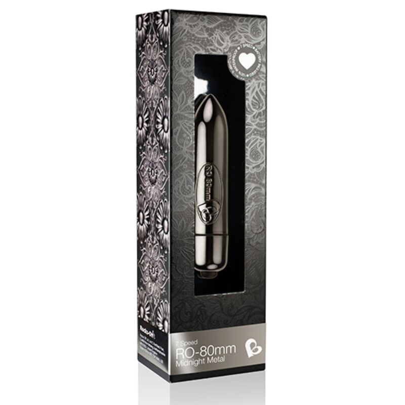 Caja del producto Rocks-Off RO-80mm Midnight Metal con ventana frontal y bala metálica visible.