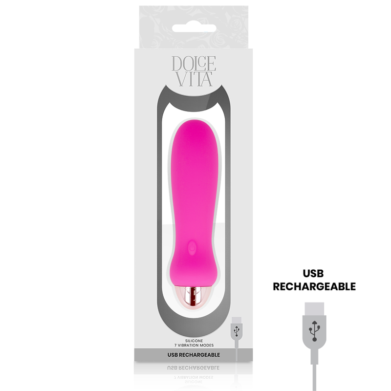 Caja del producto Dolce Vita con vibrador rosa visible y mención USB recargable.