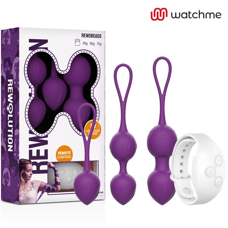 REWOLUTION Rewobeads, juego de bolas Kegel moradas con mando y caja del producto.