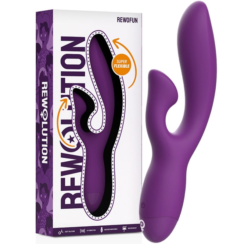 Rewolution Rewofun vibrador flexible con rabbit morado junto a su caja del producto.