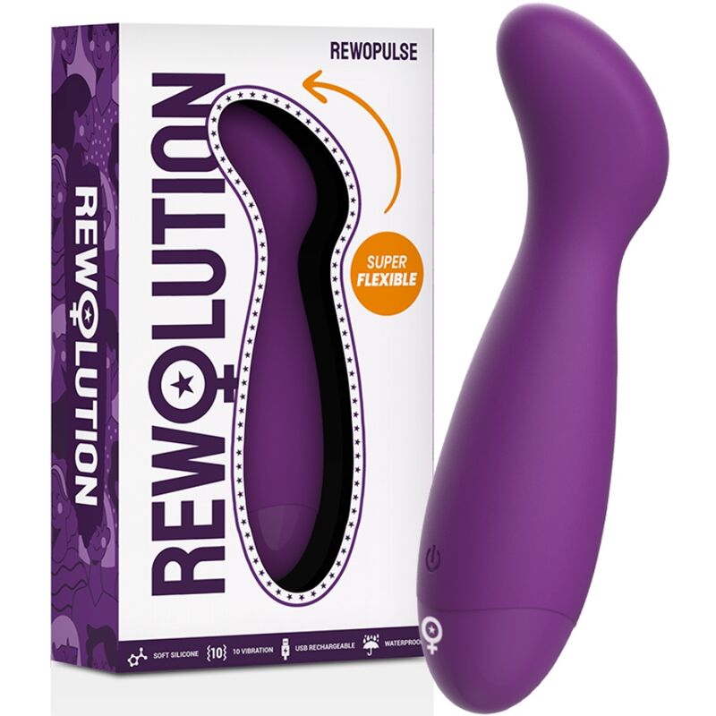 Vibrador flexible para punto G Rewolution Rewopulse en color morado, con su caja del producto al lado.