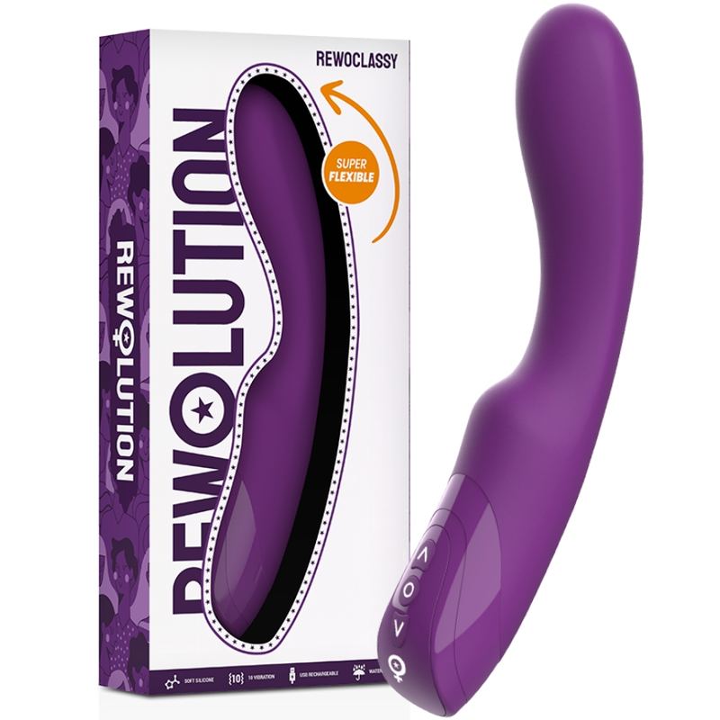 Rewolution Rewoclassy vibrador flexible morado junto a su caja del producto.