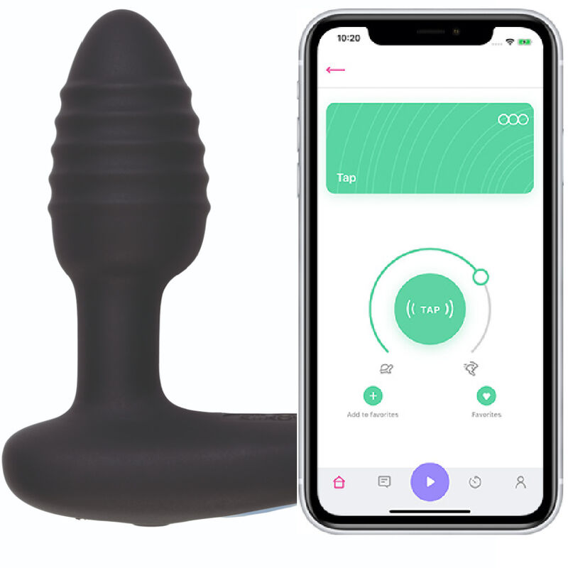 Kiiroo Lumen en negro junto a una pantalla de app de control