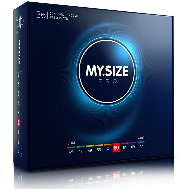 Caja del producto My Size Pro en azul oscuro, con pack de 36 y escala de tallas visible