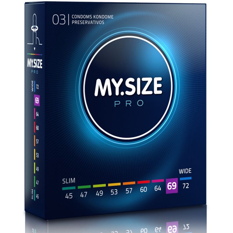 Caja del producto My Size Pro en azul, con la talla 69 destacada.