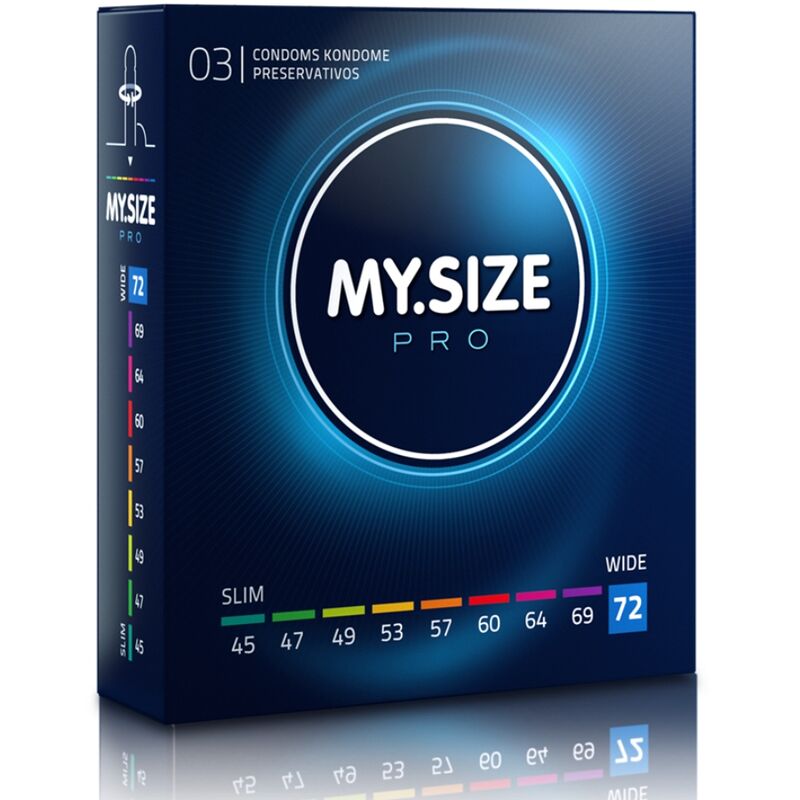Caja de MY.SIZE PRO preservativos en azul oscuro, vista frontal con 72 destacado.