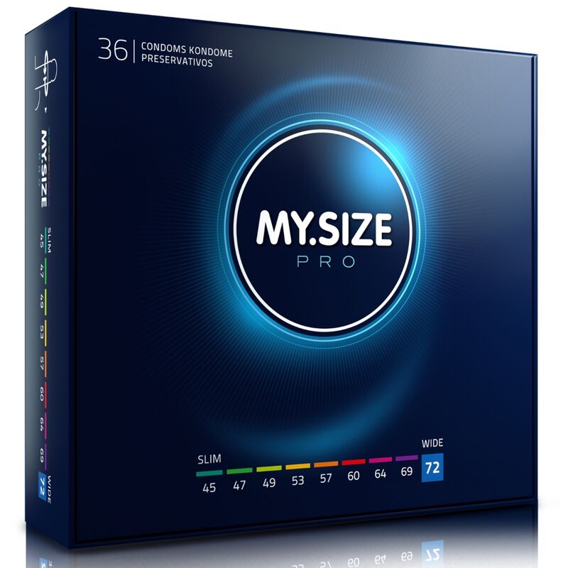 Caja del producto MY.SIZE PRO en azul oscuro, con 36 unidades y talla 72 visible.
