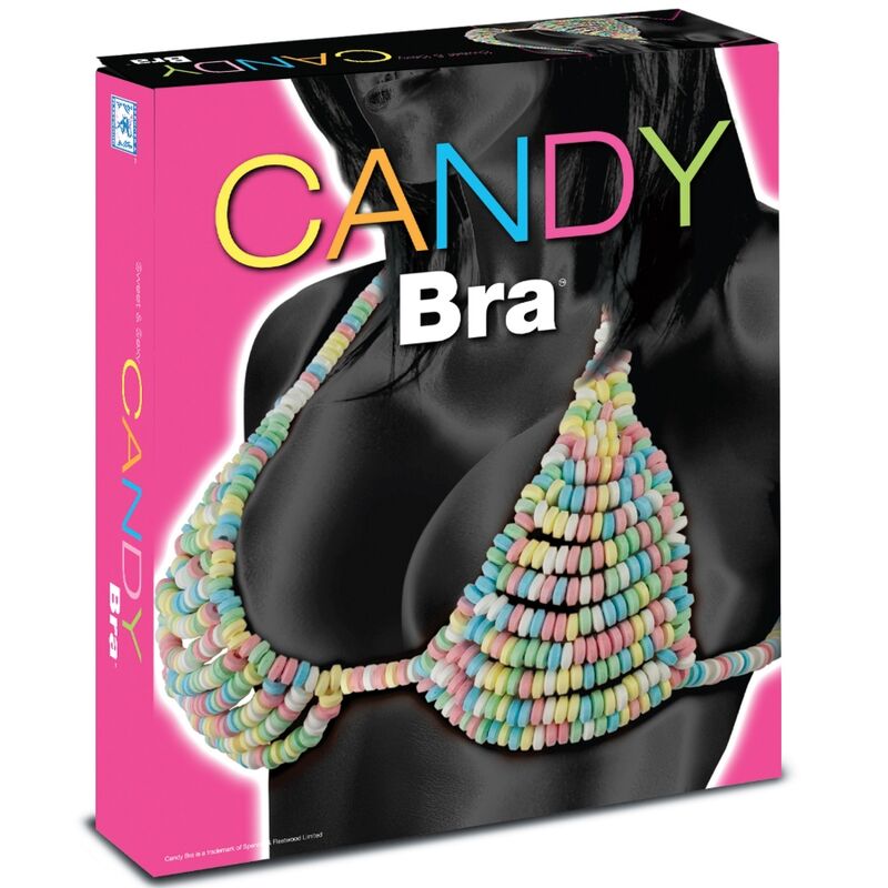 Caja del producto Candy Bra de SPENCER & FLETWOOD, en rosa y negro, con sujetador de caramelos ilustrado.