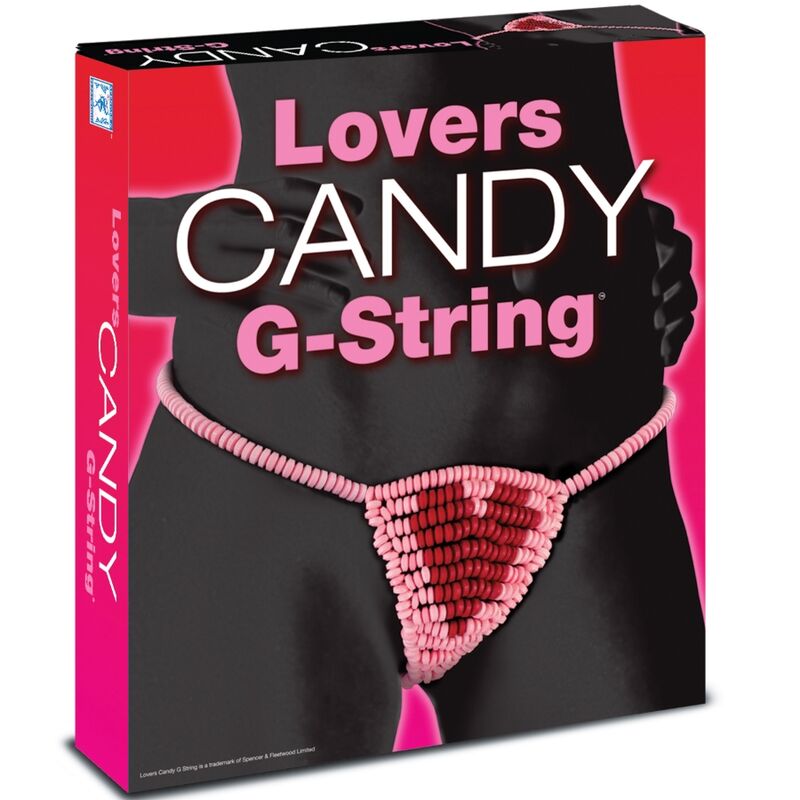 Caja del producto SPENCER & FLETWOOD Candy Lovers en rosa y negro, con tanga comestible ilustrada en el frontal.