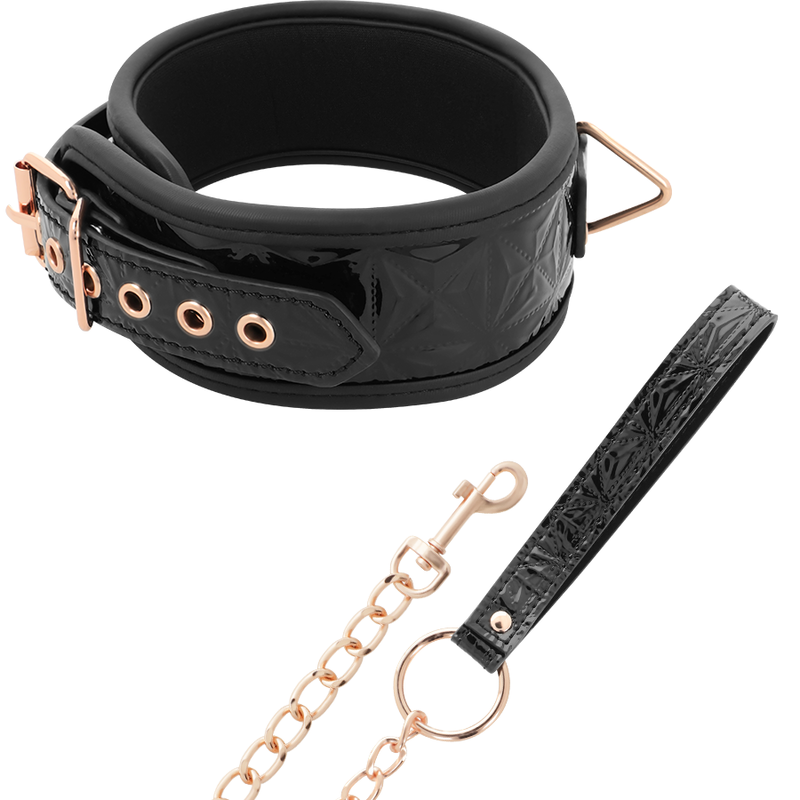 Collar BEGME Black Edition negro con herrajes en tono oro rosa y correa a juego.
