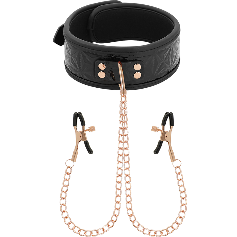 Collar Begme Black Edition negro con cadena rosa dorada y dos pinzas ajustables.