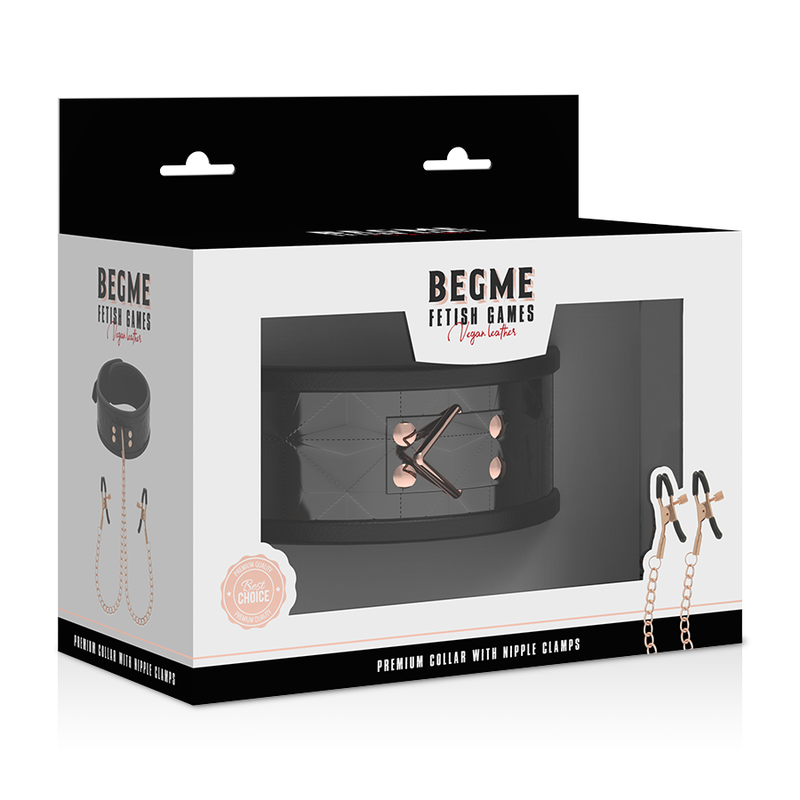 Caja del producto BEGME Black Edition con collar negro y pinzas para pezones ilustradas