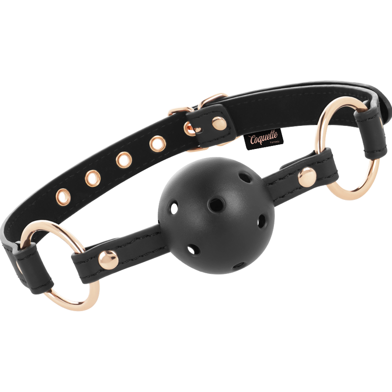 Coquette Fantasy coqueta chic desire fantasy: gag de bola negra perforada con aro dorado y correa ajustable.