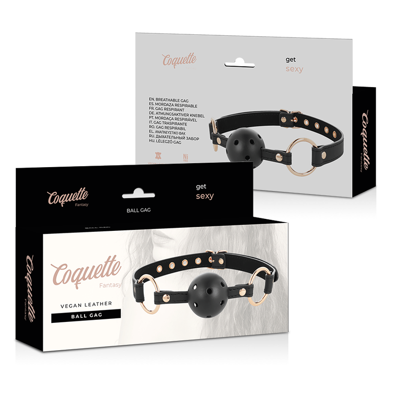 Cajas del gag de bola Coquette Fantasy en negro y gris, con el producto visible en el frontal.