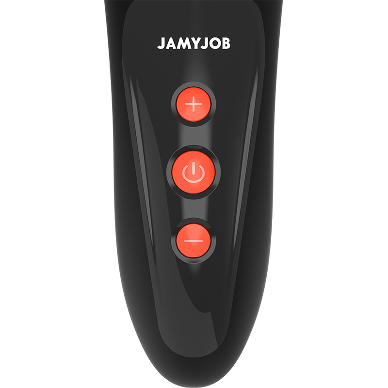 Detalle del masturbador vibrador JAMYJOB en negro con tres botones naranjas frontales.
