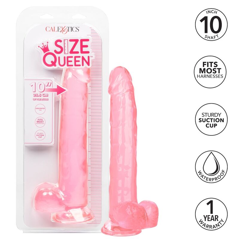 CalExotics Size Queen rosa con ventosa, junto a su caja del producto.