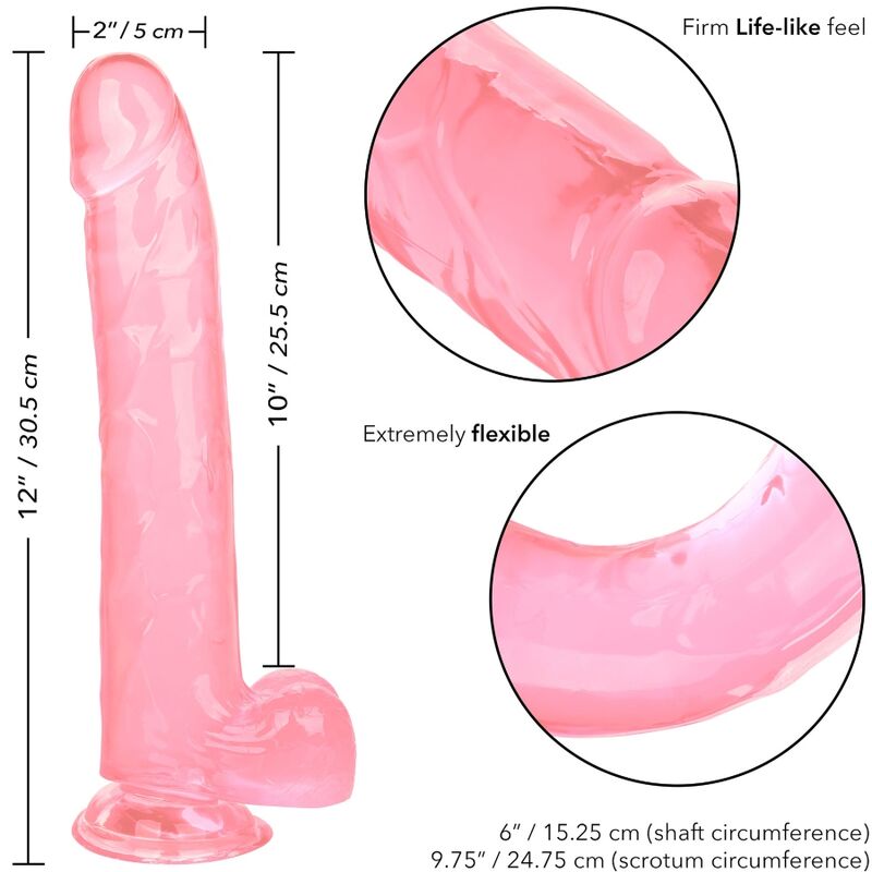 Guía de medidas del CalExotics Size Queen en rosa, con la longitud insertable y total indicadas.