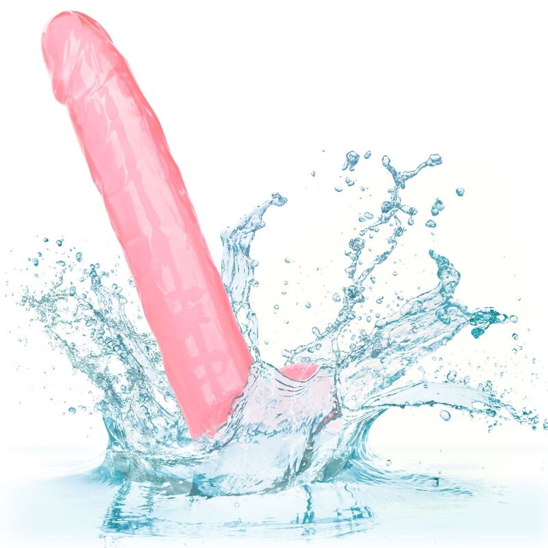 CalExotics Size Queen en rosa, con base de ventosa y salpicadura de agua.