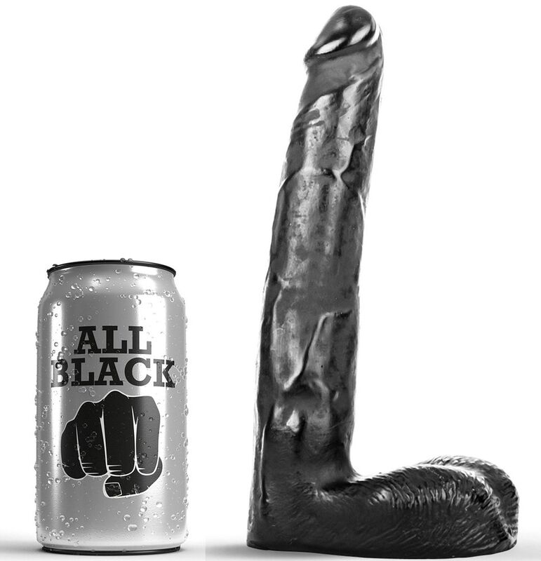 ALL BLACK dildo realista negro en vista lateral, junto a la lata de la marca.