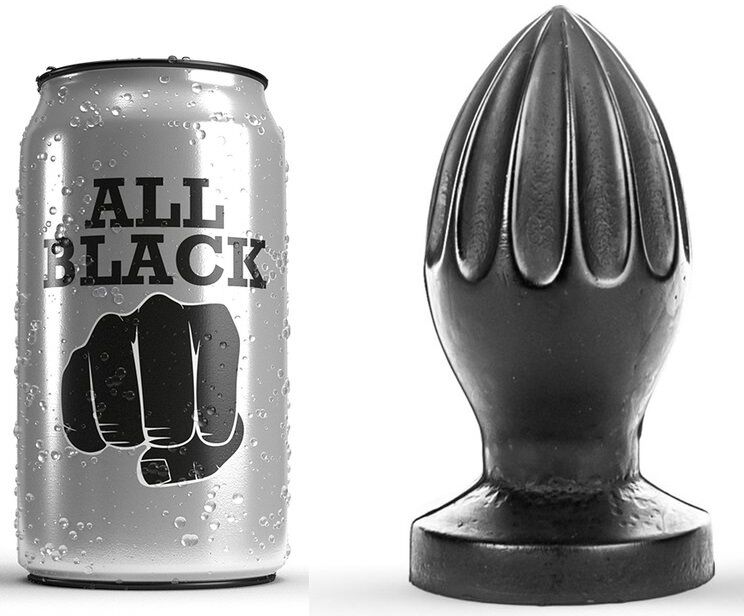 Tapón anal ranurado All Black en negro junto a su caja del producto.