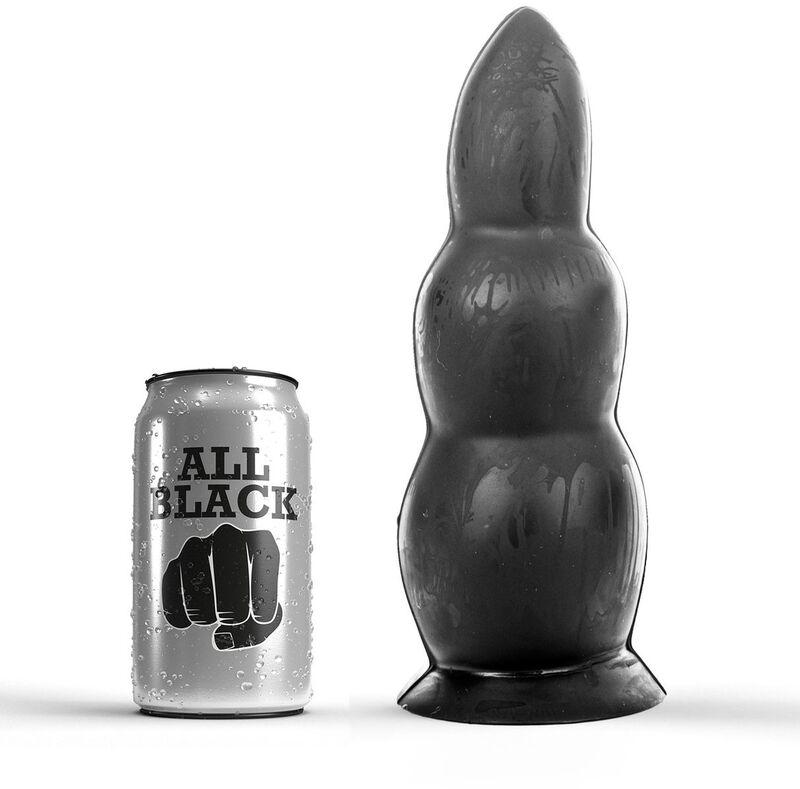 Plug anal ALL BLACK negro en vista frontal, junto a una lata de la marca para escala.