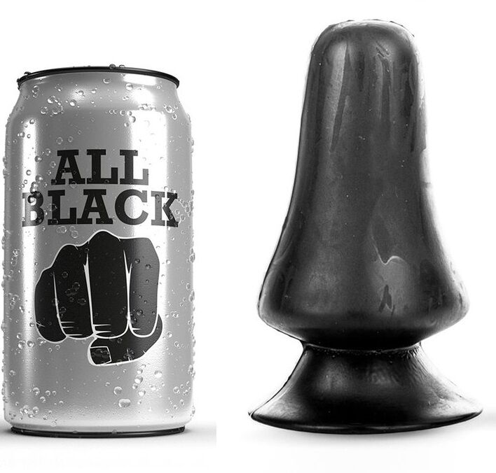 Tapón anal All Black negro junto a la caja del producto con diseño de lata plateada.