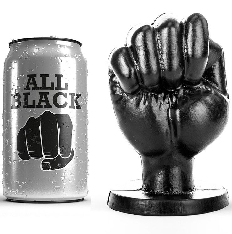 Plug anal ALL BLACK en forma de puño negro junto a su caja de presentación.