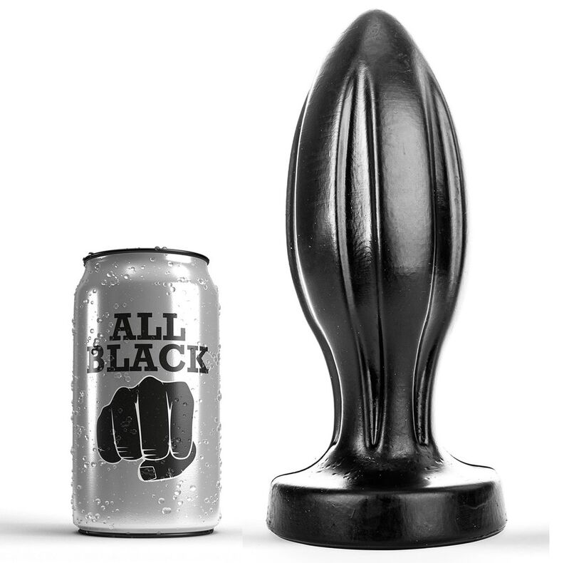 Tapón anal All Black negro con base ancha y lata de escala al lado.
