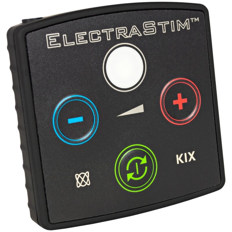ElectraStim KIX, electroestimulador negro de bolsillo visto de frente.