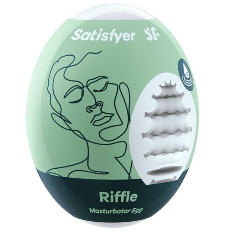 Envase en forma de huevo de Satisfyer Riffle con ilustración frontal y abertura visible.