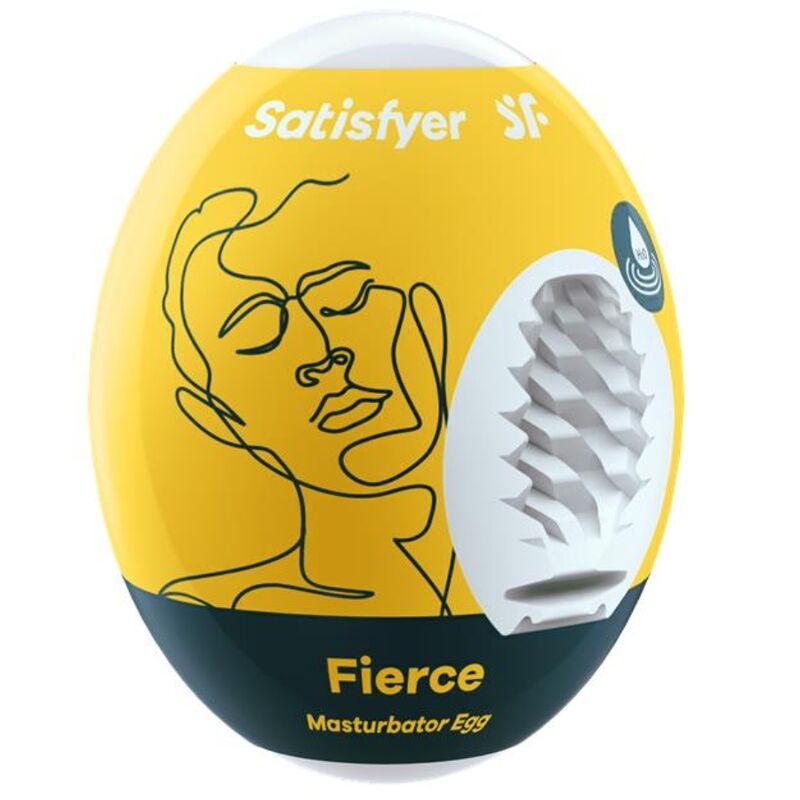 Caja del producto Satisfyer Eggs Fierce, en forma de huevo y amarilla, con textura interior ilustrada.