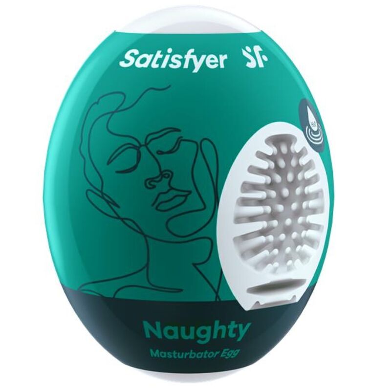 Satisfyer Naughty Masturbator Egg en formato huevo verde azulado, vista frontal con abertura texturizada visible.