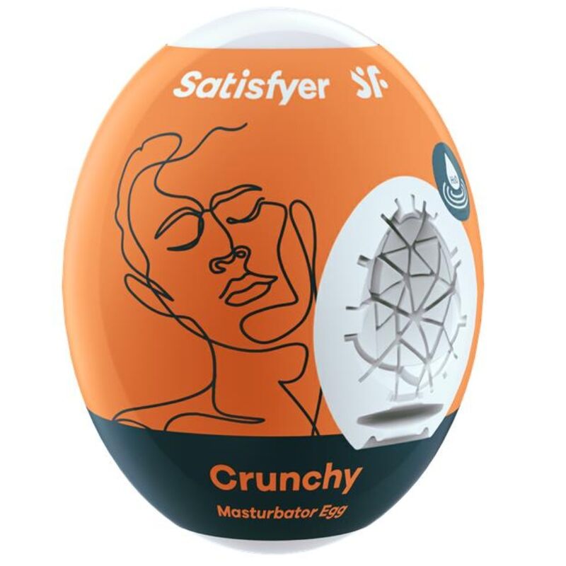 Caja del producto Satisfyer Eggs Crunchy en forma de huevo, con ventana frontal.