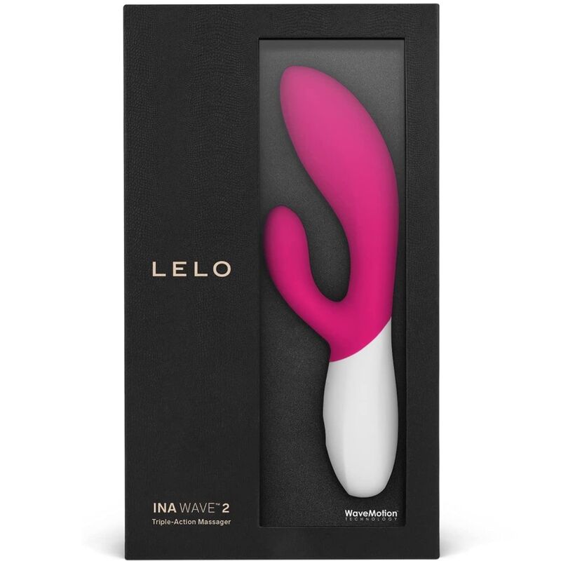 Caja del producto LELO INA WAVE 2 en negro con el vibrador fucsia visible en la ventana.