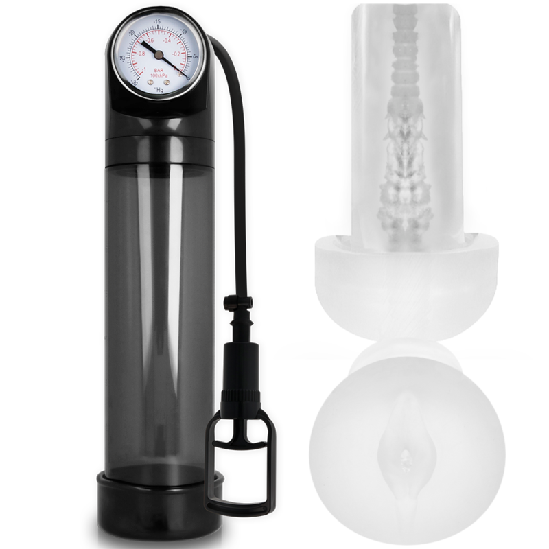 Bomba de erección PUMP ADDICTED negra con manómetro y manguito transparente