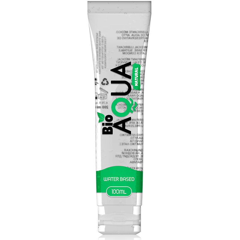 Lubricante BioAQUA en tubo, frontal, con etiqueta verde y blanca de 100 ml.