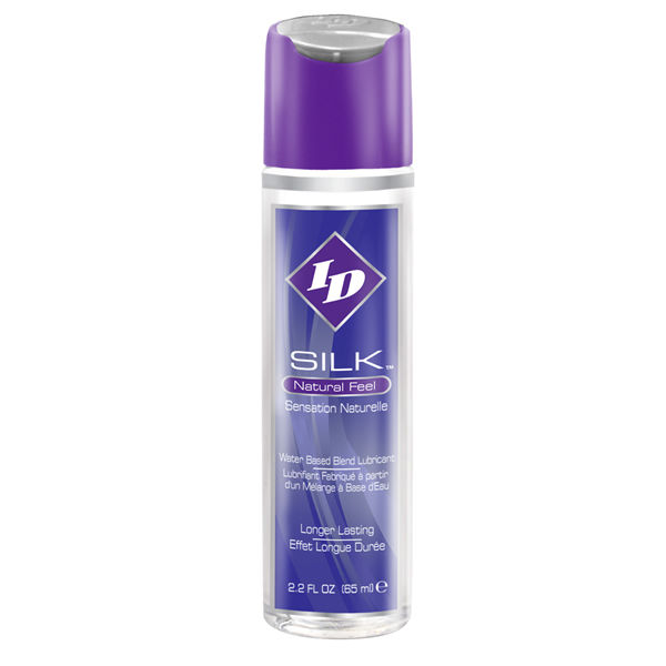 ID Silk Natural Feel lubricante híbrido, botella frontal con tapón morado.