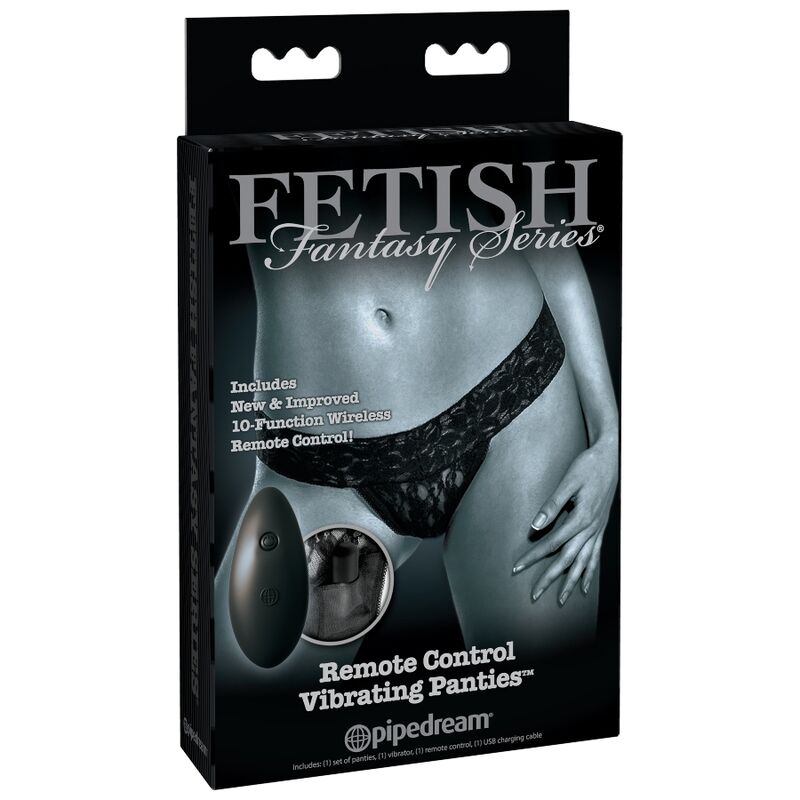 Caja del producto Fetish Fantasy Series con tanga de encaje y mando inalámbrico